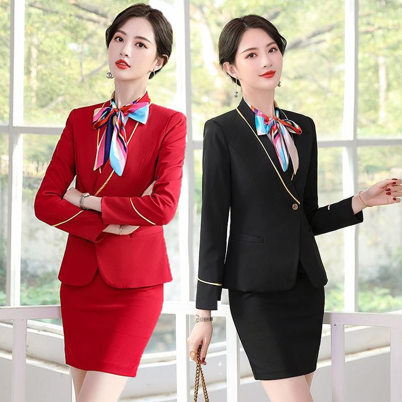 Womens Professional Uniform Set Flight Attendant Hotel Receptionist Jewelry Store Staff OL Business Suit With Vest Skirt Pants