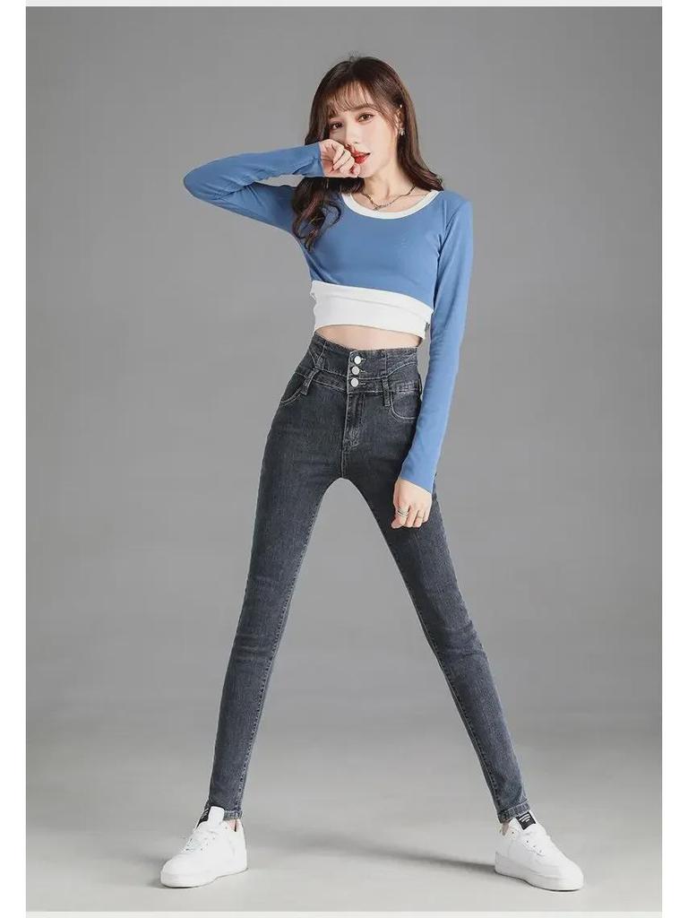 Женские обтягивающие джинсы с высокой талией и тремя пуговицами, эластичный крой, осенне-зимний стиль Nine-Point