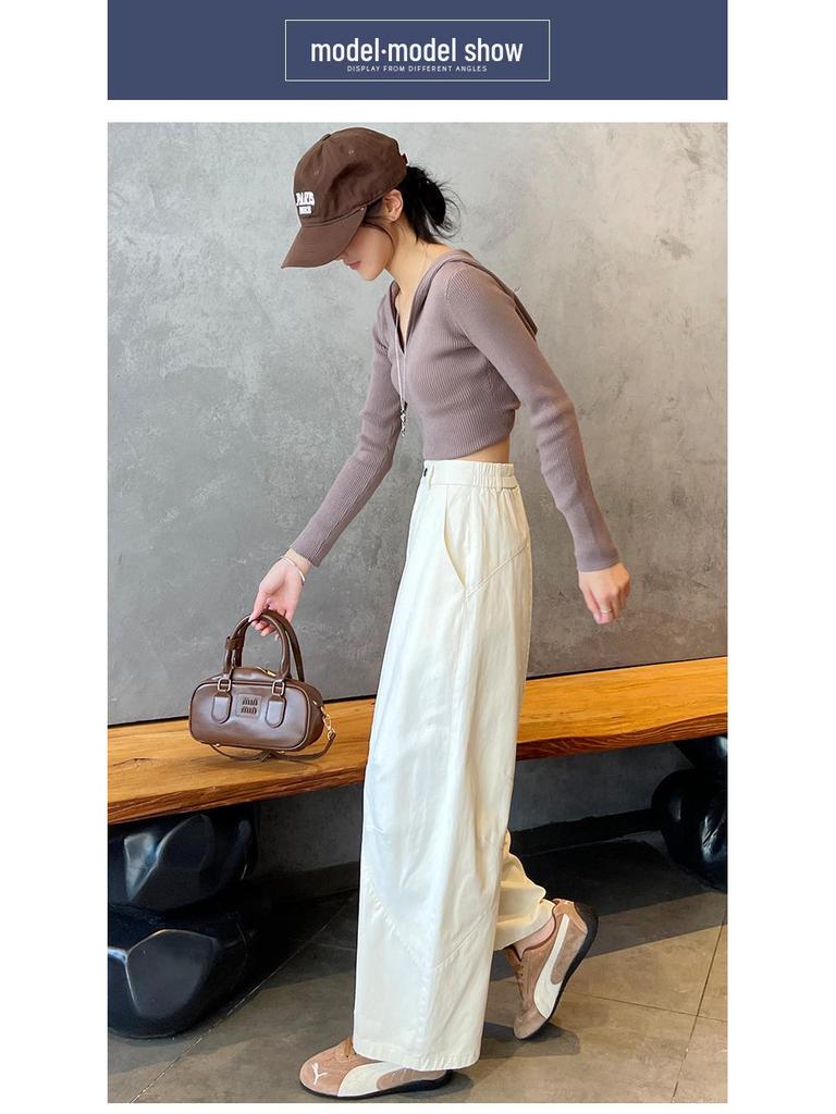 Dark Blue Korean-Style High-Waisted Wide-Leg Pants for Women - Plus Size, Slimming, Casual, 100% Cotton, Autumn Suitable.