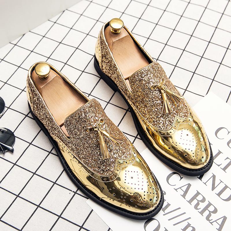 Fashion Fashion Gold British Style Pointed Tip Loafers Men's Tassel Comfortable Casual Shoes Shiny Leather Nightclub Party Wedding Shoes