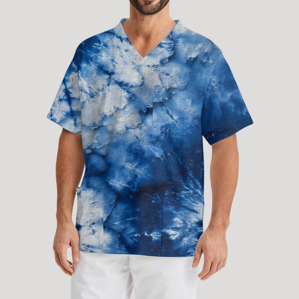 Мужская рабочая блузка с короткими рукавами и v-образным вырезом с принтом, топ с нагрудным карманом