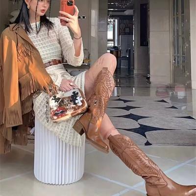 Западные супер высокие каблуки ковбойские сапоги женские сапоги рыцаря острый носок новые коричневые ретро толстый каблук сапоги сапоги сапоги