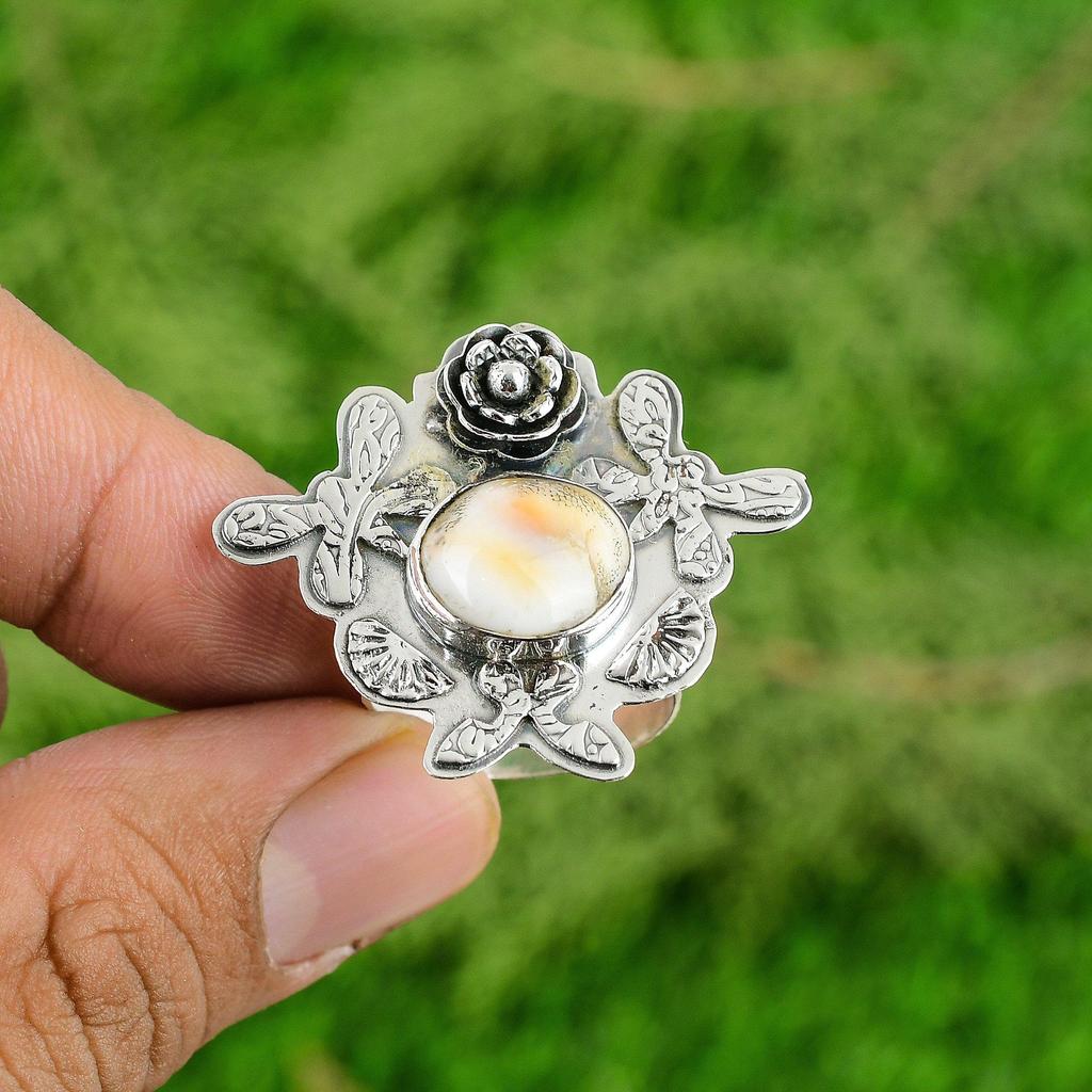 Shiva Eye Shell Gemstone Boho Stackable Flower Ring Jewelry 925 Sterling Silver