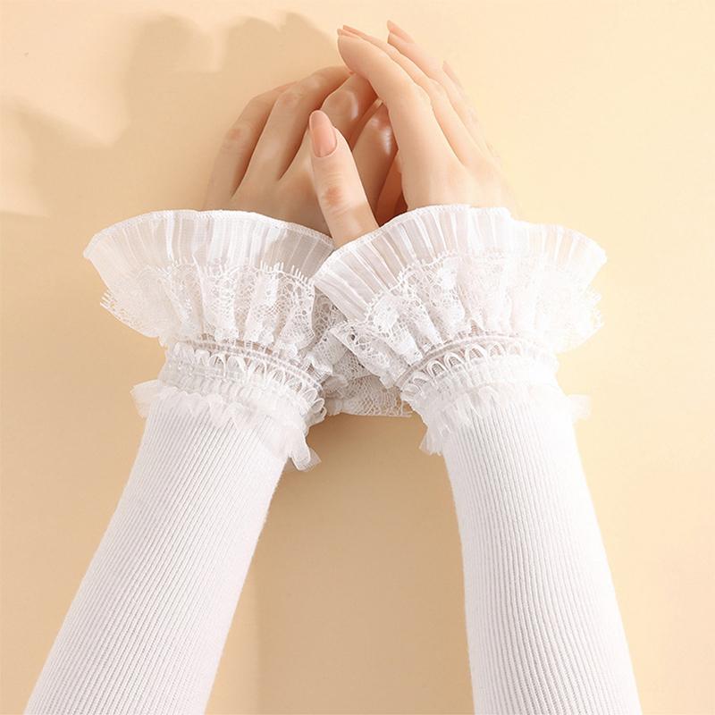 Girls Elastic Fingerless Arm Warm Gloves Double-layer Floral Lace Knitted Fake Sleeves Lolita Cuffs Decorative Accessory