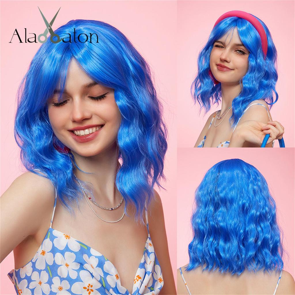 ALAN EATON Short BOB Synthetic WIGS Light Blonde Curly Wig with Bangs for Women Cosplay Daily Party Heat Resistant Fiber Wig