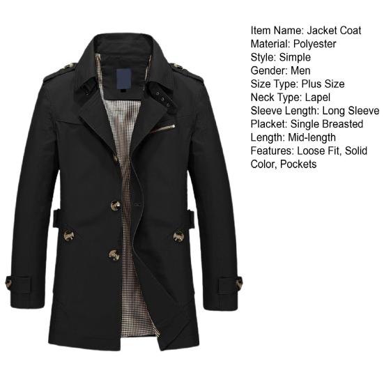 Мужской осенне-зимний плащ с лацканами, однобортный пиджак с длинными рукавами и карманами, ветровка средней длины