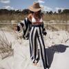 Women's Summer Fashion V-neck Hollow Out Striped Shirt Loose Knit Wide Leg Pants Set