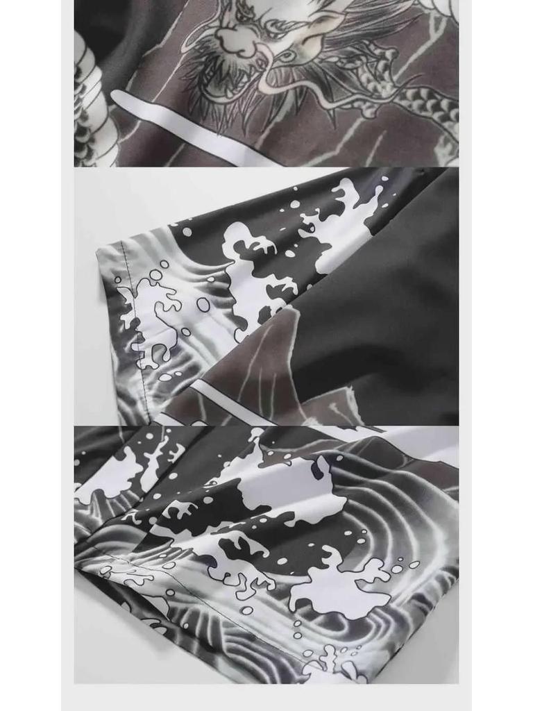 Унисекс японский ретро-кимоно-кардиган Ukiyoe - темный, свободный крой, рукав 3/4