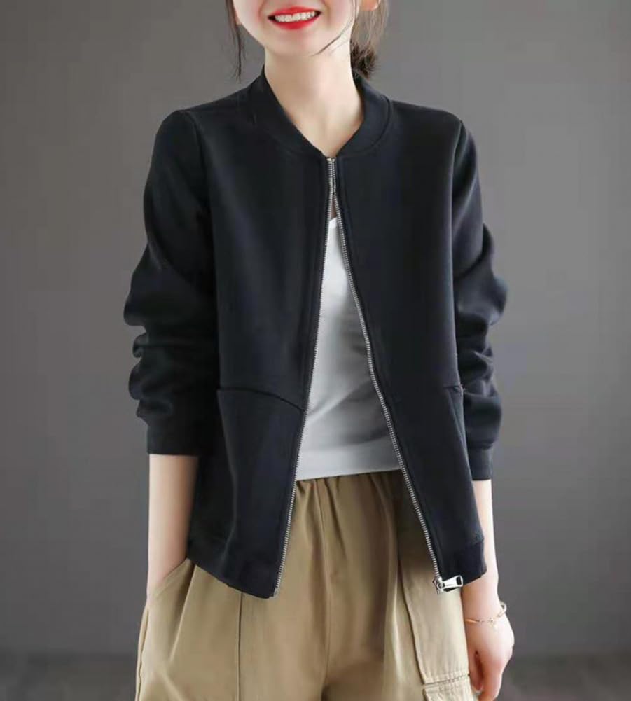 Celetree Long Solid 5 Sizes Women's Zip-Up Sweatshirt, Sleeve, Color, Casual, Fall/Spring, Colors, M-3XL (JP, Alphabet, L, Black)