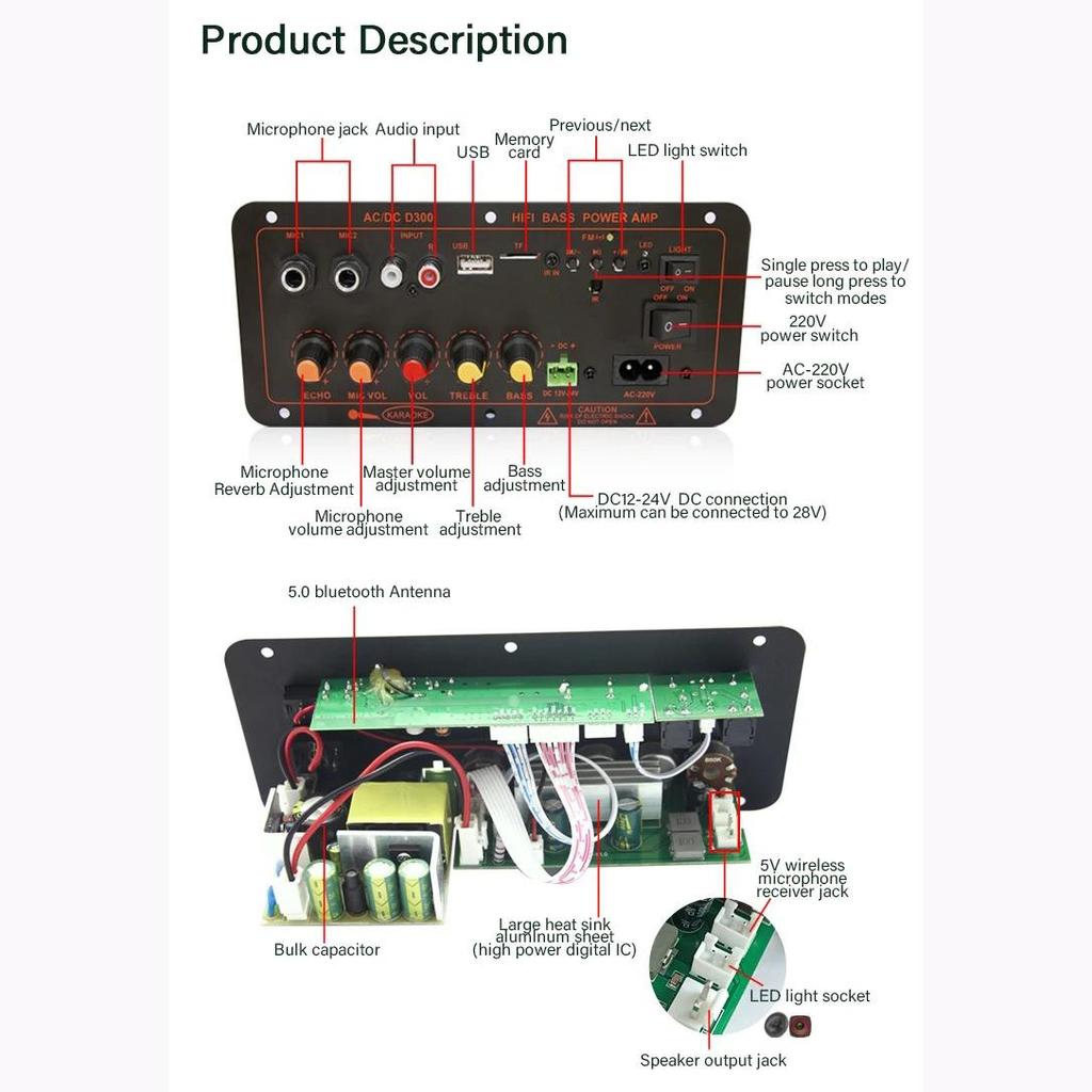 D300 600W Bluetooth 5.0 Amplifier Board DC 12V 24V Dual Microphone AMP Module USB TF FM Car Music Lossless Bass Sound for Subwoofer