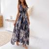 Женское платье с цветочным принтом и V-образным вырезом, летнее платье без рукавов с завязками на талии для пляжа