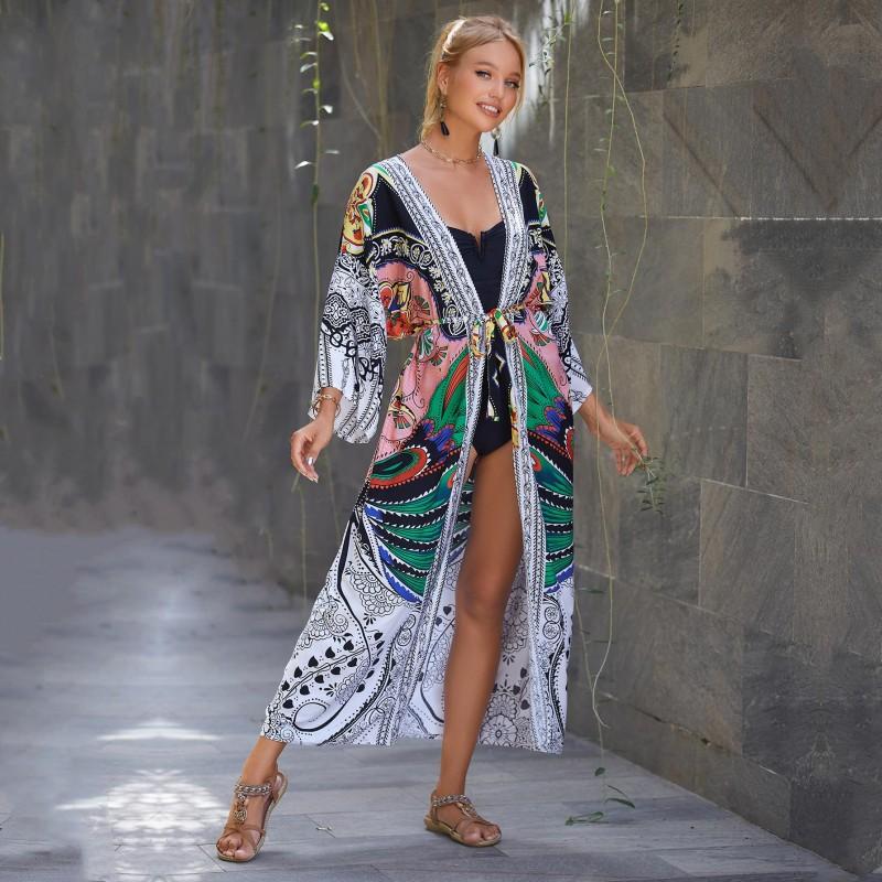 Этнический стиль купальник накидка ретро принт шнуровка женское летнее длинное кимоно платье пляжная одежда бикини накидка