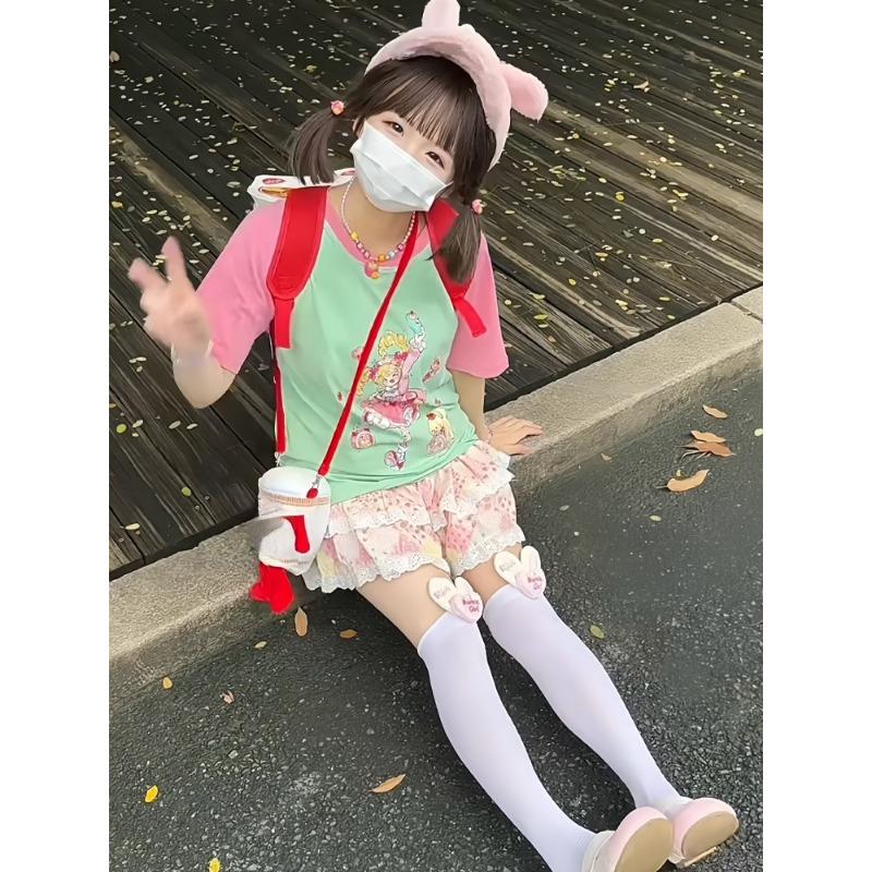 Y2k Harajuku лоскутные футболки женские в японском стиле консервативный стиль повседневные свободные футболки с мультяшным принтом топы мягкие для девочек 2024