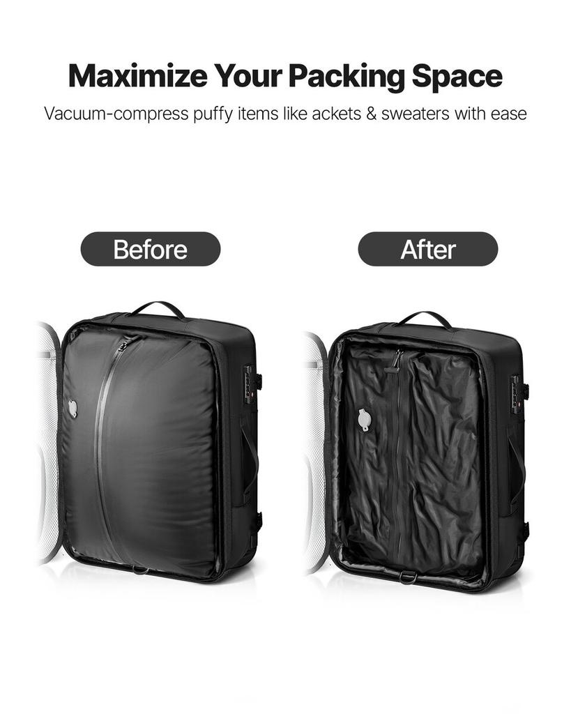 Vacuum Travel Backpack, 65L, Expandable Vacuum Seal Compression Travel Backpack with Pump, with TSA-Approved Lock, Airback Vacpack, Water-Resistant
