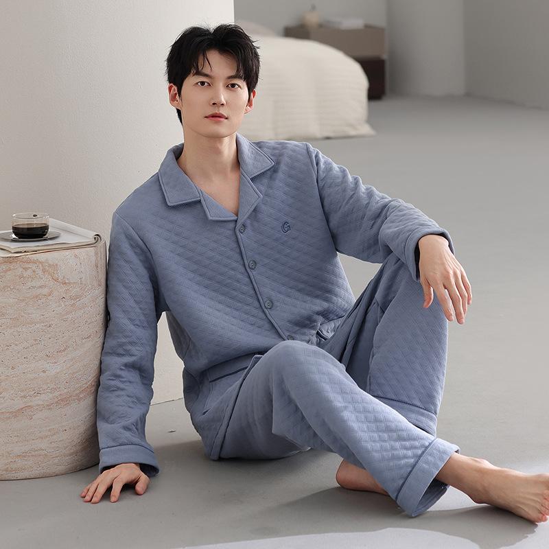 Осенне-зимняя утолщенная пижама из чистого хлопка в стиле «папа», мужская хлопковая одежда для дома с длинным рукавом, теплый тонкий стеганый сэндвич-комплект