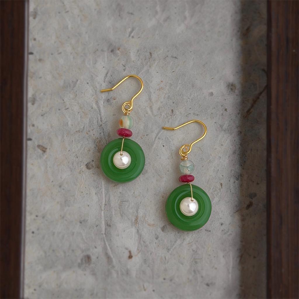 Handmade New Chinese Court Style Geometric Peace Buckle Glass Pearl Agate Drop Earrings