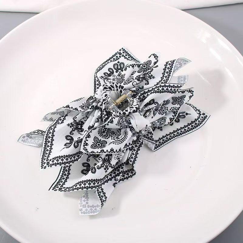 Multi Colored Cashew Flower Silk Scarf Shark Clip And Bow Design Vintage Light Luxury Style Hair Clip A Back Of Head Grip Clip