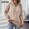 Autumn and Winter Women's Knitwear Loose Pullover Retro Twist V-neck Long-sleeved Solid-coloured Sweater
