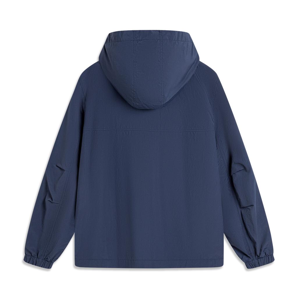 Li-Ning Водонепроницаемая свободная удобная ветровка на молнии с капюшоном мужская верхняя одежда темно-синего цвета AFDU537-5