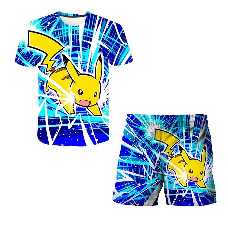 2025 MINISO Pikachu Kids T-Shirt+ Shorts Set Anime Cartoon Top Shorts Two Piece Set Summer Casual Wear Gift Cute Pikachu Set Kids T-Shirt Be