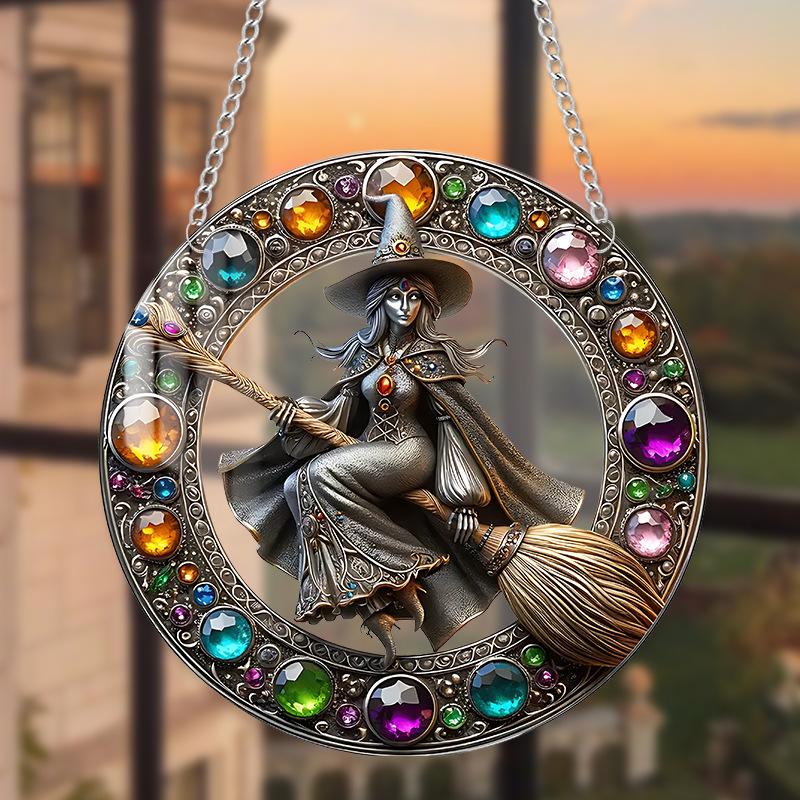 Magic Gem Witch Cartoon Character Stained Glass Acrylic Disc with Chain Pendant Outdoor Decoration