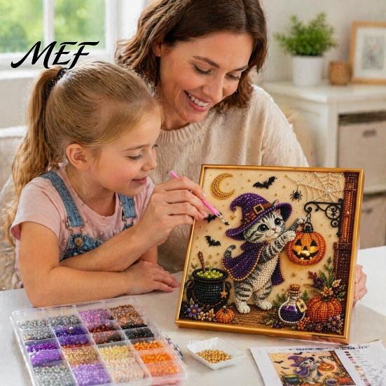 Autumn Home Decoration Halloween Cat Faux Pearl Painting Art Kit, Spooky 3D Beads Crafting Kits for Beginners Crafts, Cute Witch Gem Wall Adults,