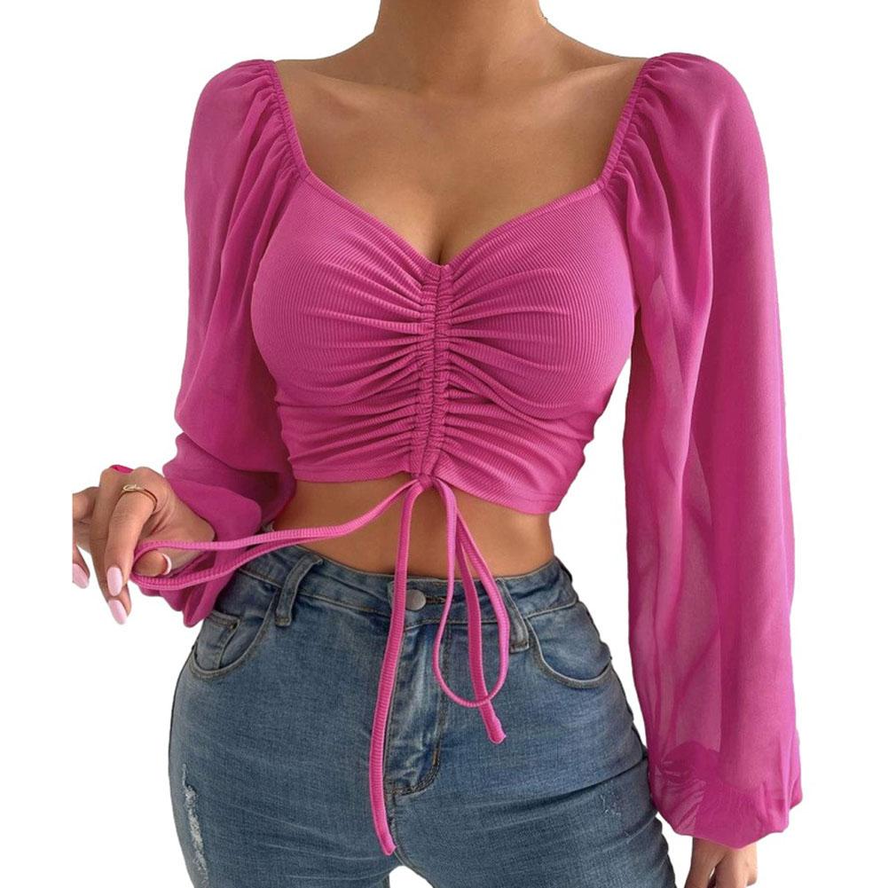 Женские топы с пышными рукавами, сексуальные облегающие футболки с v-образным вырезом и шнуровкой
