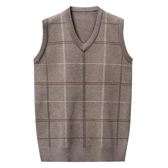 Sweater Vest Knitted Loose Pullover V Neck Plaid Print Elastic Soft Warm Mid-aged Father Grandfather