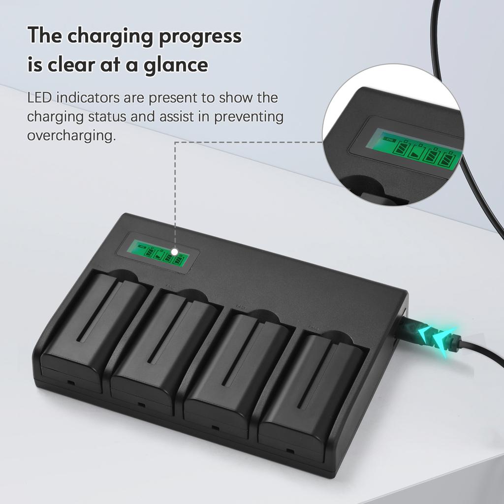 Зарядное устройство NP-F550 Зарядное устройство на 4 гнезда со светодиодными индикаторами 4 шт. Аккумуляторы NP-F550 7,4 В 2200 мАч