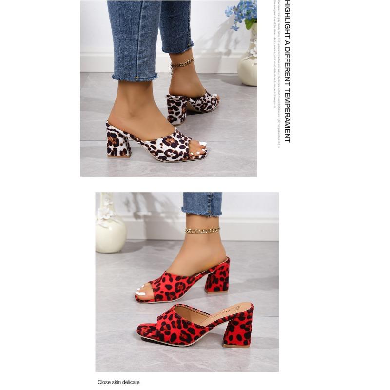 Леопардовые тапочки на высоком каблуке женские квадратные тапочки One Word Cool