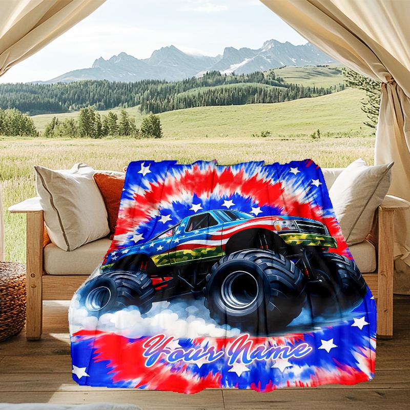1PC Custom Name American Flag Monster Truck outdooor Flannel blankets Patterns Throw Blanket All-Season Soft Gift for Couch, Bed, Camping gifts