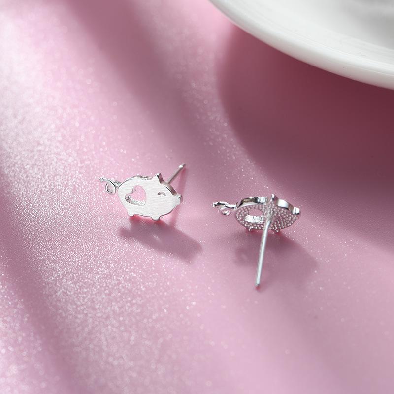 925 Silver Jewelry Cute Cartoon Hollow Heart Pig Stud Earrings for Women Girls Party Jewelry For Girls Friend Gift