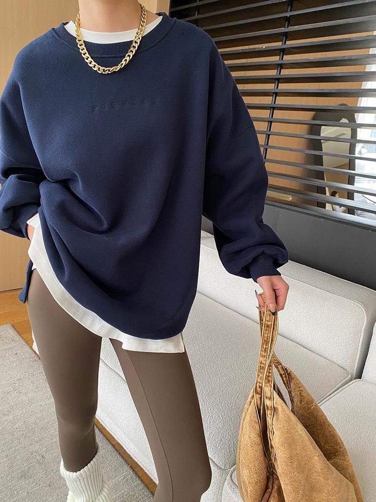 Sinan Holiday Blogger Style Embroidered Round Neck Drop Shoulder Plus Velvet Sweater SN6840