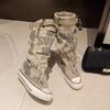Womens High Top Canvas Boots Trend Graffiti Flats Casual Vulcanized Long Trouser Barrel Stacking Shoes Fashion Streetwear
