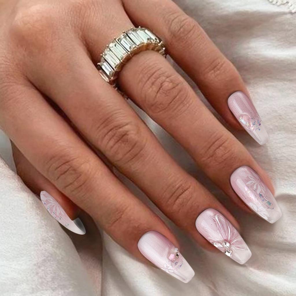 Женские накладные ногти среднего размера с рисунком телесного цвета на акриловых ногтях глянцевые накладные ногти с полным покрытием