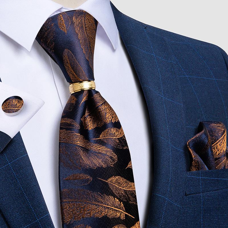 Mens Ties Set with Ring Special Design Business Silk Tie Handkerchief Cufflinks Set for Formal Party