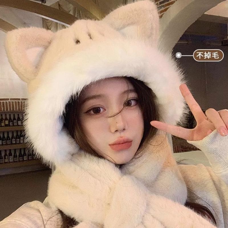 Милая плюшевая шапка с лисьими ушками, женская зимняя шапка-шарф, утолщенная теплая шапка-балаклава