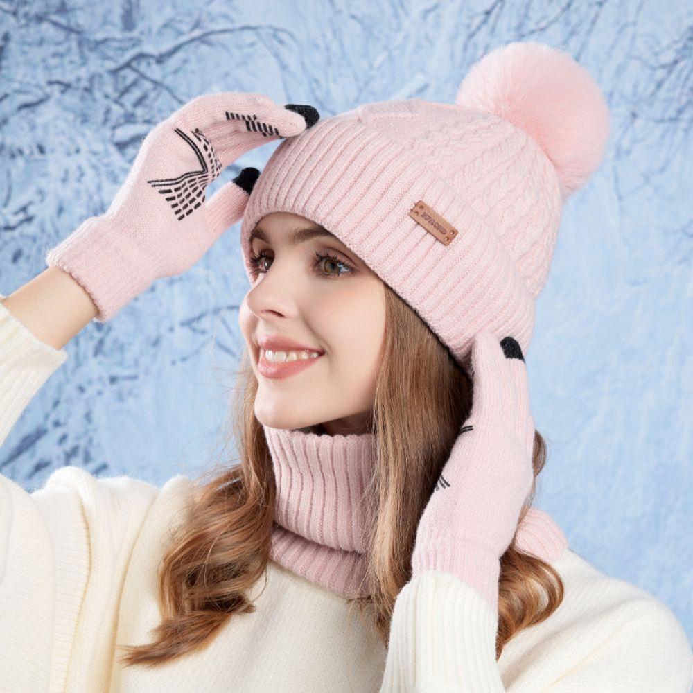 3pcs Solid Color Thermal Knit Cap Warm Winter Beanie Hat Soft Hat Scarf Gloves Set  Winter