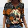 Flower Skull Pattern 3D Digital Print Women's Comfortable V-neck Short Sleeved T-shirt