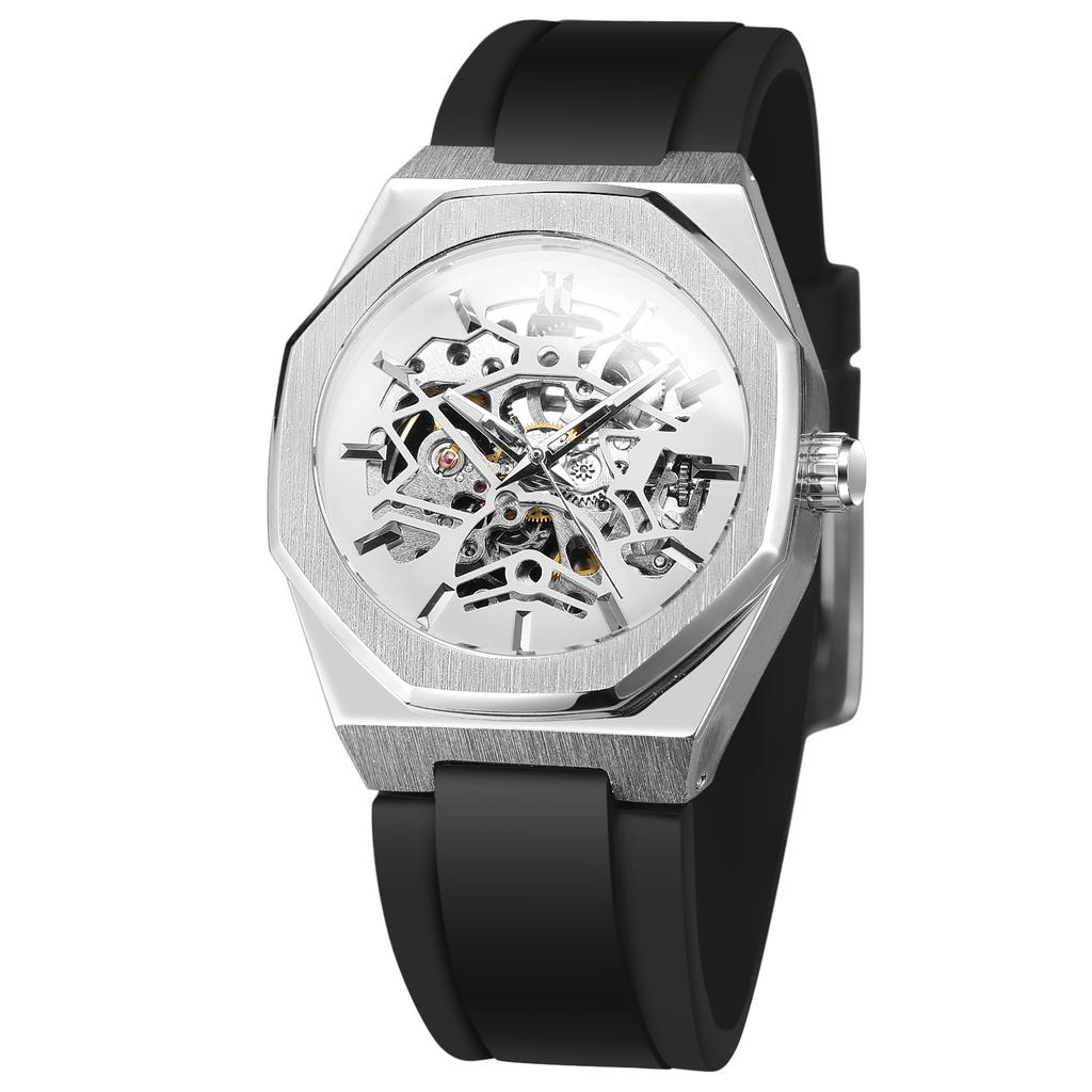 Luxury Brand FORSINING Factory Octagon Stainless Steel Skeleton Mechanical Man Watch Automatic Movement Clockwork Silicone Strap