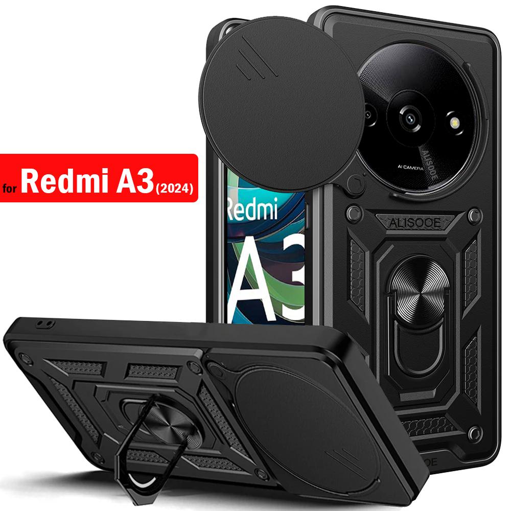 Funda для Redmi A3 Чехол Slide Camera Lens Protection Armor Ring Stand Защитный чехол для Xiaomi Redmi A3 Противоударный чехол