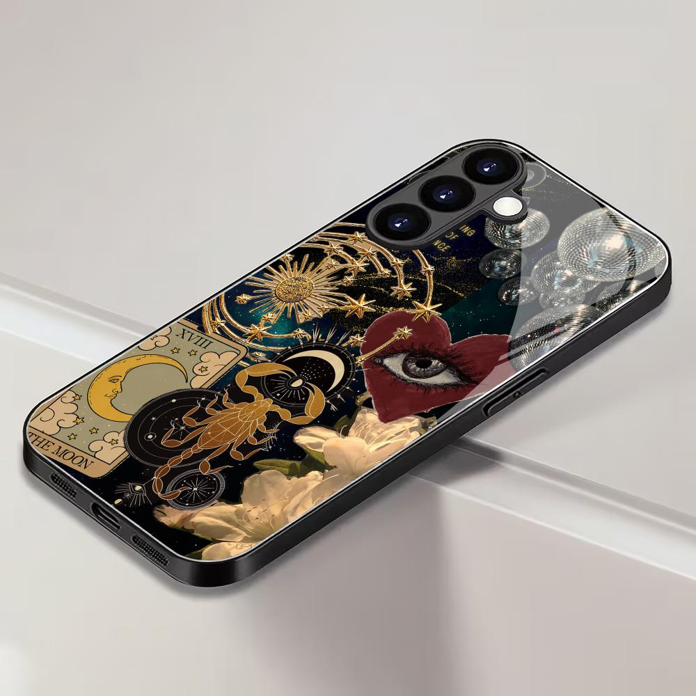 Ретро коллаж закаленное стекло чехол для телефона подходит для Samsung GalaxyS26 S25 S24 S23 S22 S21 S20FE/Ultra/Plus противоударная задняя крышка