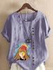 Women's Fashion Abstract Girl Print Round Neck Short Sleeve T-shirt Summer Casual Cotton Linen Graphic Shirt Leisure Loose Blouse Tops