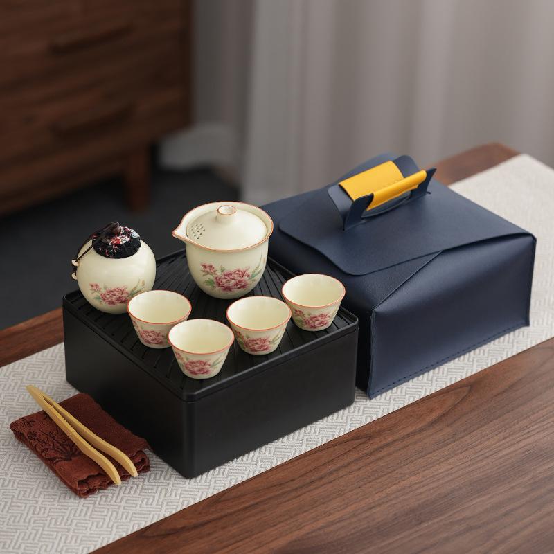 Travel set Simple accompanying portable Guochao Ru kiln Qingyun hand-held pot Business activities Tea set can be customized