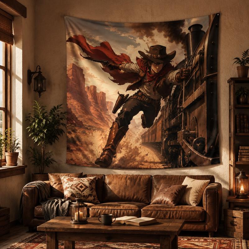 Western Wilderness Train Cowboy Tapestry Vintage Anime Style Canyon Train Printing Hanging Cloth Anime Room Decoration