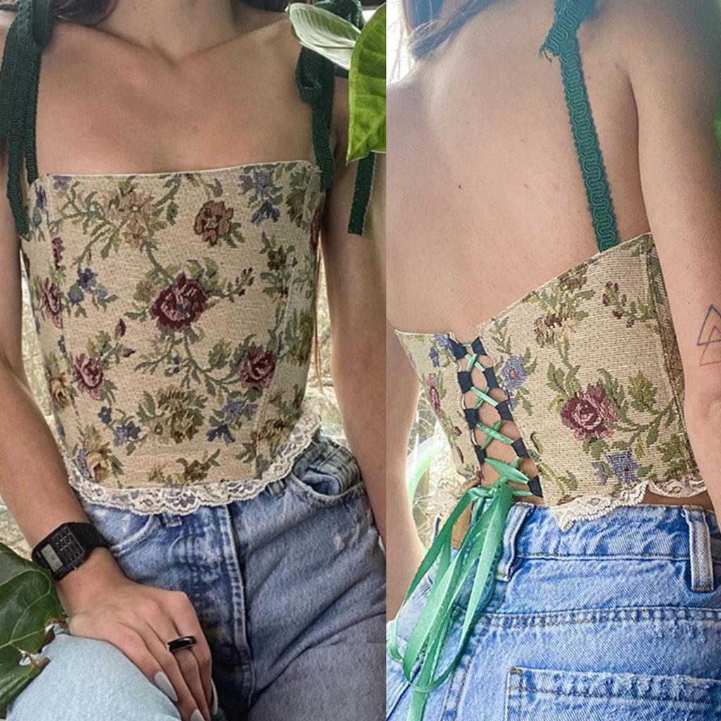 Floral Bustier Crop Top Corset With Straps Womens Camisole for Tank Tops Backless Bustier Lace Up Print Camisole Tops