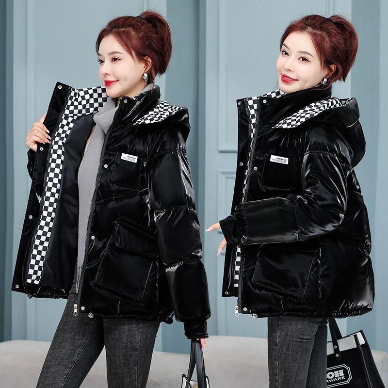 Women's Shiny Korean-style Short Cotton Coat, Winter Loose Thickened Hooded Down Cotton Jacket