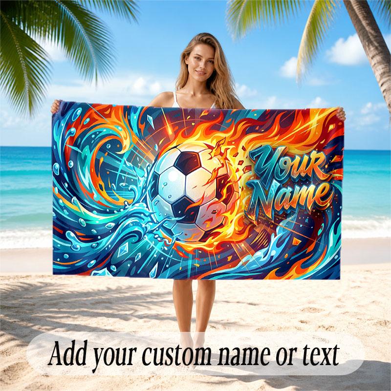 Soccer Theme Beach Towel Personalized Custom Name & Text Soft Quick Dry Beach Towel for Swimming Travel