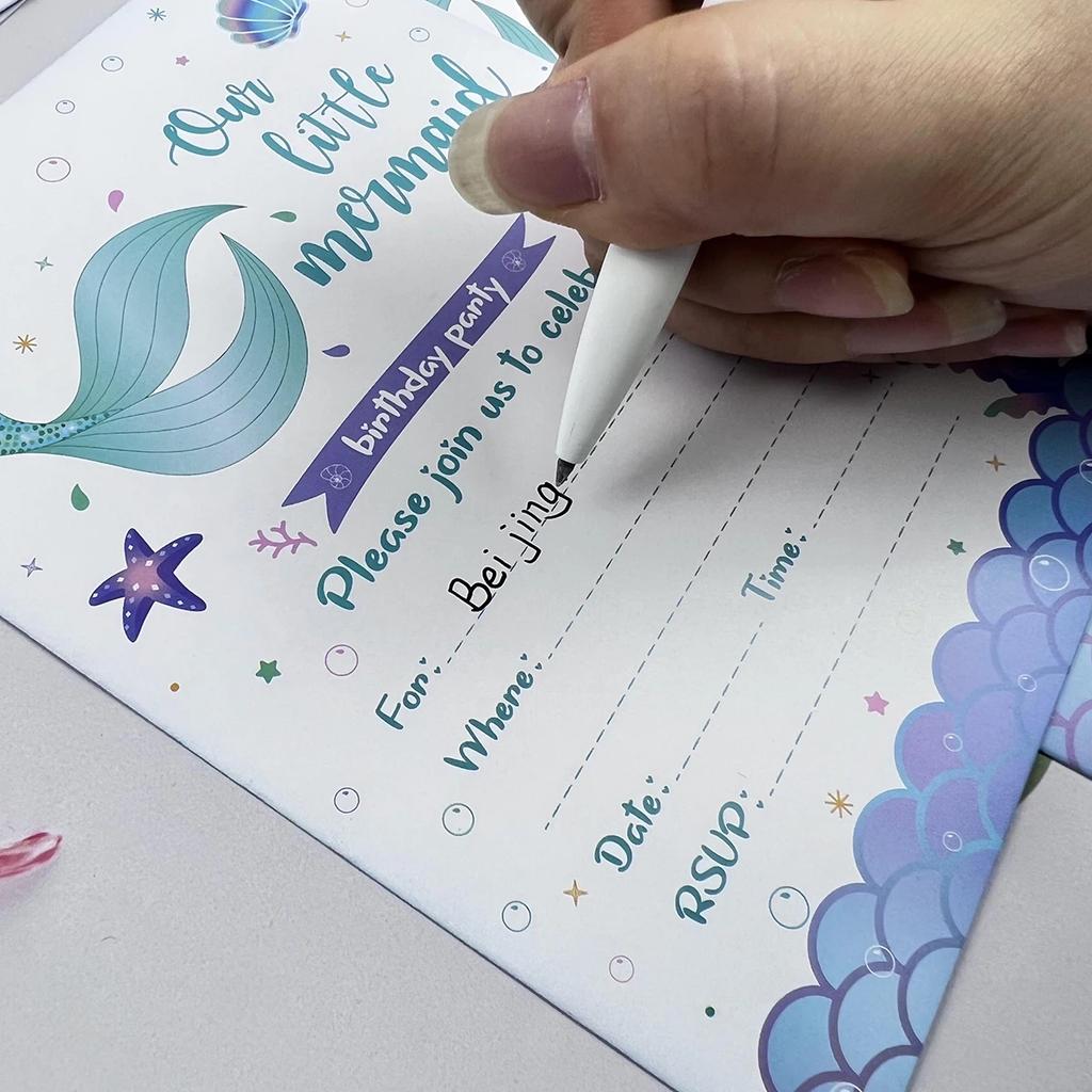 12pcCartoon Mermaid Shell Invitation Letter Girls Wedding Birthday Party Single Page Greeting Cards Baby Shower Party Decoration