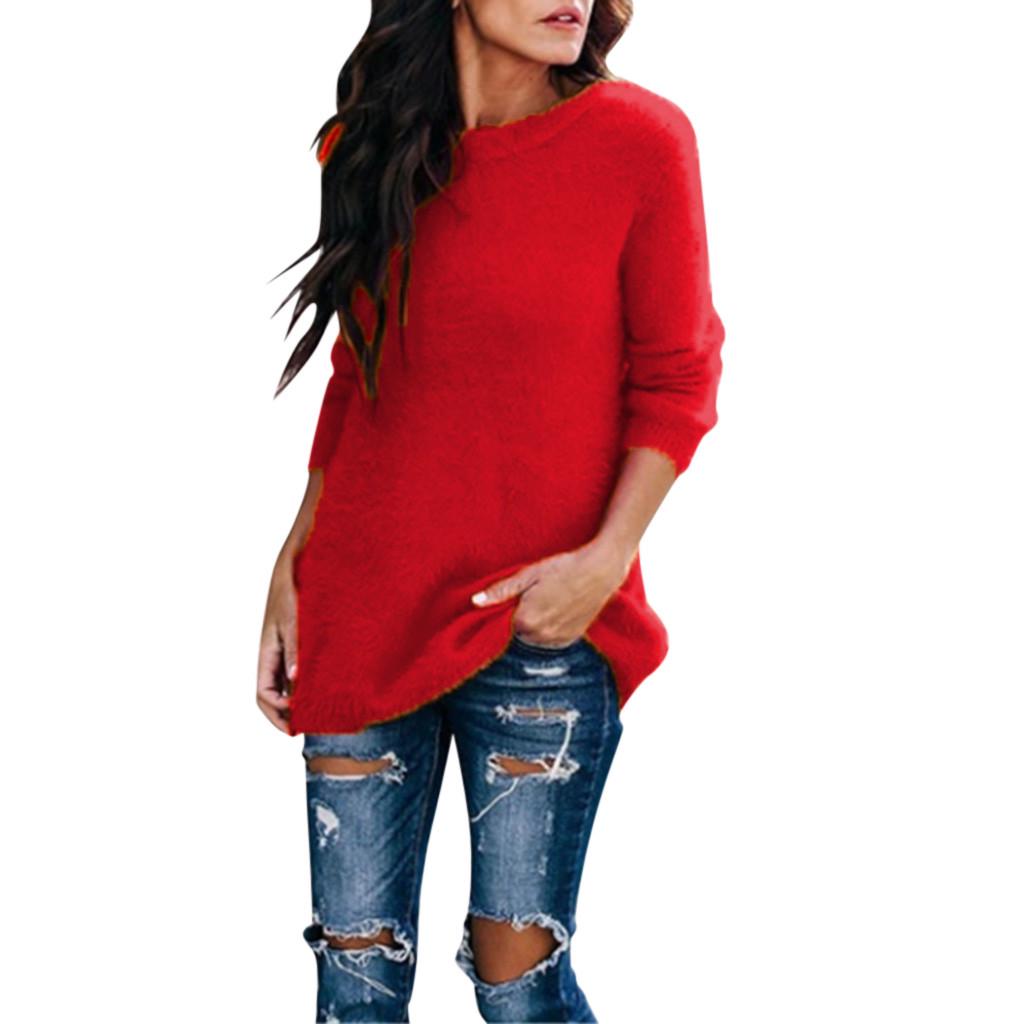 Женская бархатная однотонная блузка с круглым вырезом и длинными рукавами